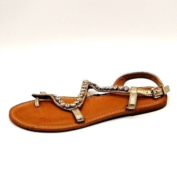 Express Womens Thong Sandal Silver‎ Beaded Ankle Strap w/Buckle Flat Heel Sz 7 M - Picture 1 of 10